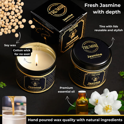 Jasmine Candle Strong Scented Soy Candel Clean Non Toxic Velas Aromáticas for Women Gift for Diwali Pack of 3 5Oz Decorative Tin Jars with Lids