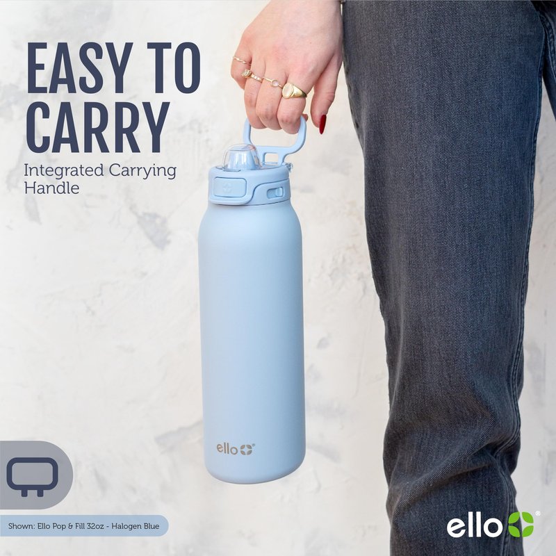 Ello Pop & Fill 32oz Stainless Steel Water Bottle with Quick Fill Technology, Double Walled and Vacuum Insulated Metal, Leak Proof Locking Lid, Sip and Chug, Reusable, BPA Free, Forest Mist