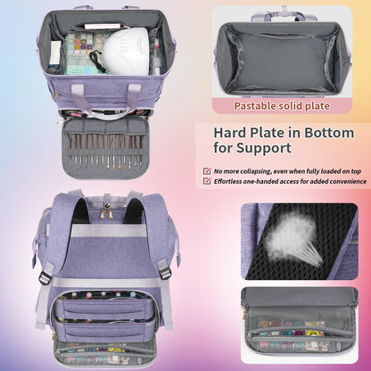 Nail Polish Organizer Case Backpack Holds 70 Bottles (15ml/0.5fl.oz) & Nail Lamp, 2 Layers Detachable Nail Kit Storage Case, Large Travel Nail Supplies Shoulder Bag for Manicure Tools (Purple)