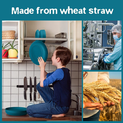 Teivio 32-Piece Kitchen Plastic Wheat Straw Dinnerware Set, Service for 8, Dinner Plates, Dessert Plate, Cereal Bowls, Cups, Unbreakable Colorful Plastic Outdoor Camping Dishes, Dark Blue