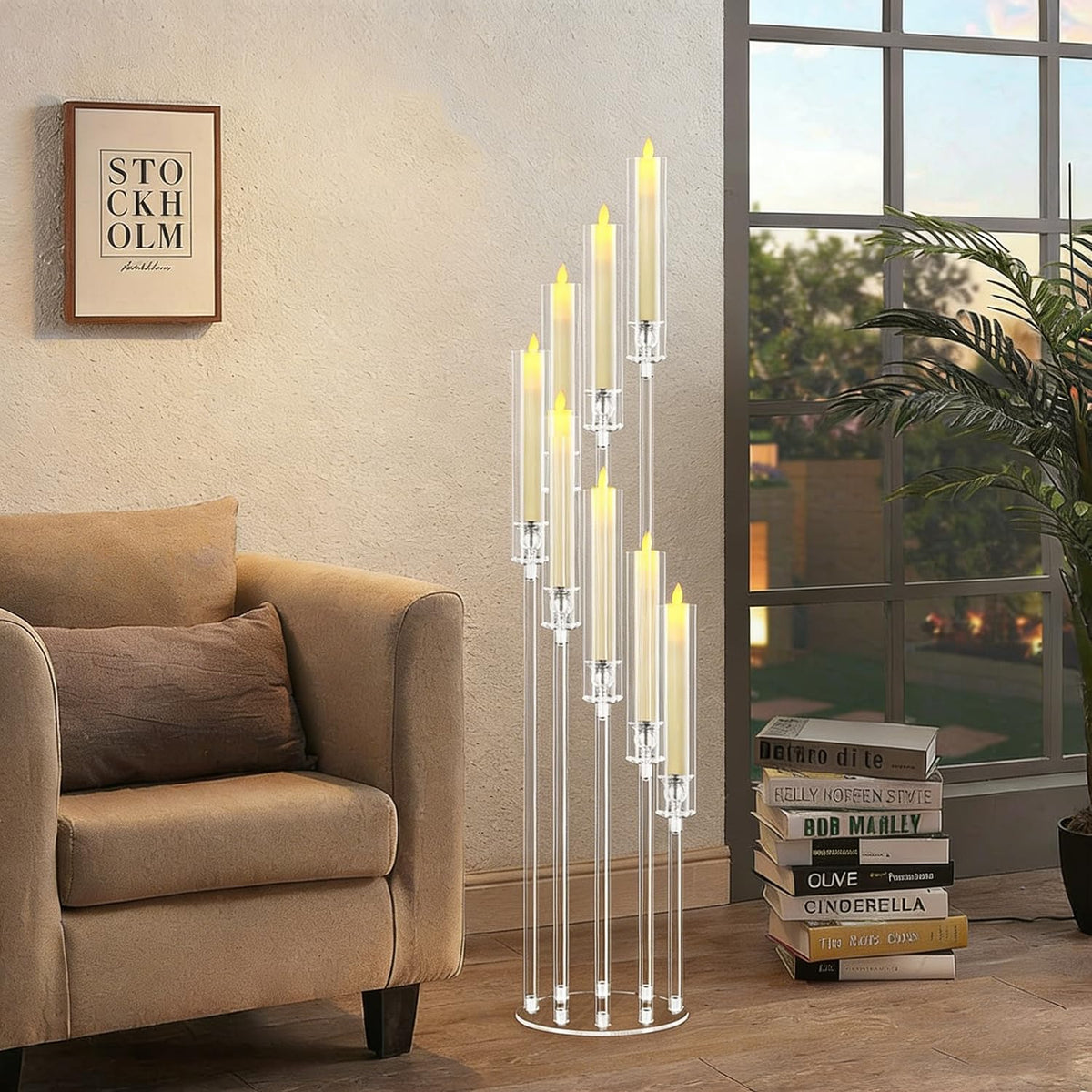 4PCS 8 Arms Clear Candelabra Candle Holder for Wedding, Candelabra Centerpieces for Tables Clear Candlesticks Holder for Housewarming Valentine's Day Easter Gift Birthday Party Fireplace Decor