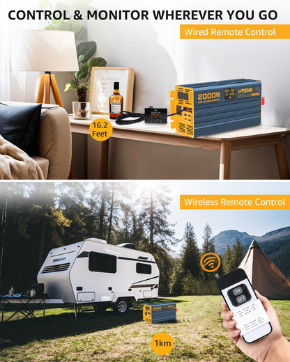 MWXNE 2000W Pure Sine Wave Power Inverter DC 12V to 110V 120V AC with 4 Quick Charging USB Ports& 3 AC Outlets Power Inverters for Vehicles RV Truck Home with LCD Display and Remote Controller