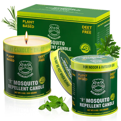 KICKOUTOR® Mosquito Repellent Citronella Candles Outdoor, 2-Pack | Total 18 Ounce 60-Hour DEET-Free Bug Protection for Patio Camping Picnic Backyard Room, Infused with 5 Plant Essential Oils