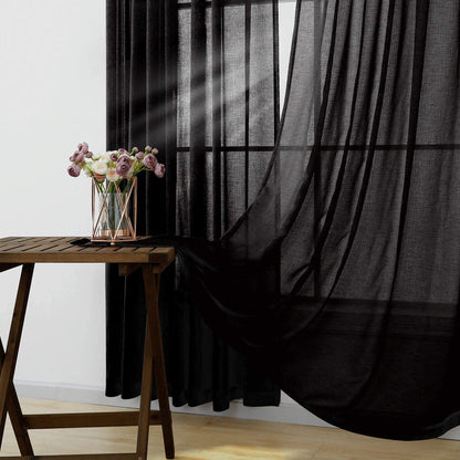 KOUFALL Black Sheer Curtains 84 Inches Long for Bedroom 2 Panels Set,Linen Look Rod Pocket Semi Light Filtering Boho Gothic Curtains for Living Room Window