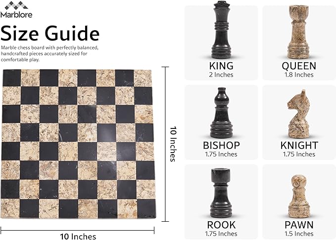 Marble Chess Set 10 Inch Black &amp Coral Handmade Stone Chess Board Game with 32 Pieces &amp 2 Extra Queens Travel Chess Set for Adults Decorative Classic Strategy Game