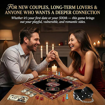 Adultopoly with Handcuffs – a Romantic Spin on The Classic Board-Game. Playful Date Night Games for Couples to Spark Romance Fun and Deeper Connection. The Ultimate Adultopoly Board Game