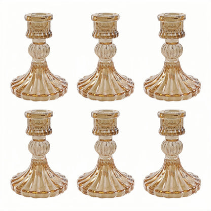 ECHFSM Glass Candlestick Holder,Striped Taper Candle Holders,Set of 6 Candle Stand for Table Centerpieces, Home Decor,Weddings,Festival and Parties (Amber Stripe Pattern)