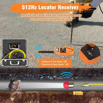 Anysun Sewer Camera with Locator, Pipe Camera with 512Hz Sonde Transmitter and Receiver, IP68 Waterproof Industrial Plumbing Endoscope Drain Snake Cam with 7" LCD Monitor, 8G SD Card (100Ft/30M Cable)
