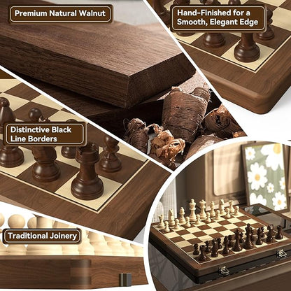 Premium Natural Walnut 15 Magnetic Wooden Folding Chess &amp Checkers Set- 2 in 1 Board Game with 3 King Staunton Pieces and 2 Extra Queens Checkers and Dust-Proof Storage Bag (Black)