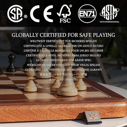 A&ampA Premium Folding Chess Board Game Set 15 Wooden Chess Board &amp 3 King Height Staunton Chess Pieces with 2 Extra Queens Portable Travel Chess Set (Natural Mahogany 15 Inches)