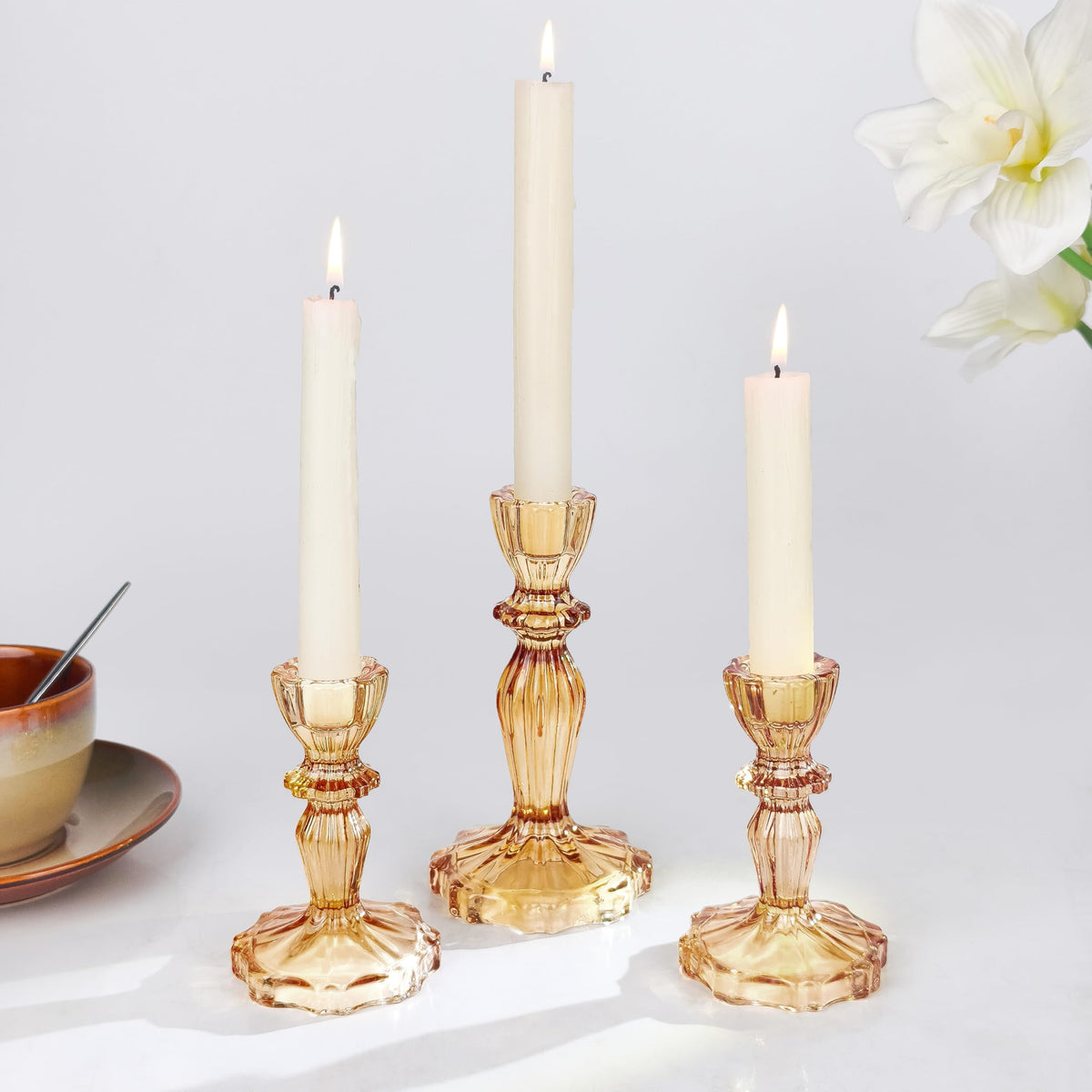 CHOCSTAY Glass Candlestick Holders Set of 3, Amber Stripe Taper Candle Holders for Table Centerpiece, Home Decorations, Wedding and Party