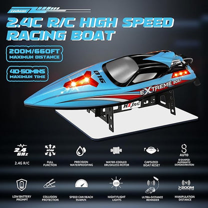 34+MPH Brushless RC Boat for Adults &amp Kids with 2 Rechargable Batteries- Large 19” Remote Control Boat Toy HJ816 Rc Speed Boats for Lakes &amp Rivers (Cyan)