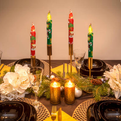 FCMSHAMD Christmas Flameless Short Taper Candles, Red Green LED Battery Operated with Remote, Flickering Flame Lights for Home Décor, 6.7 Inch Primitive Flameless Print Candles, 4PCS