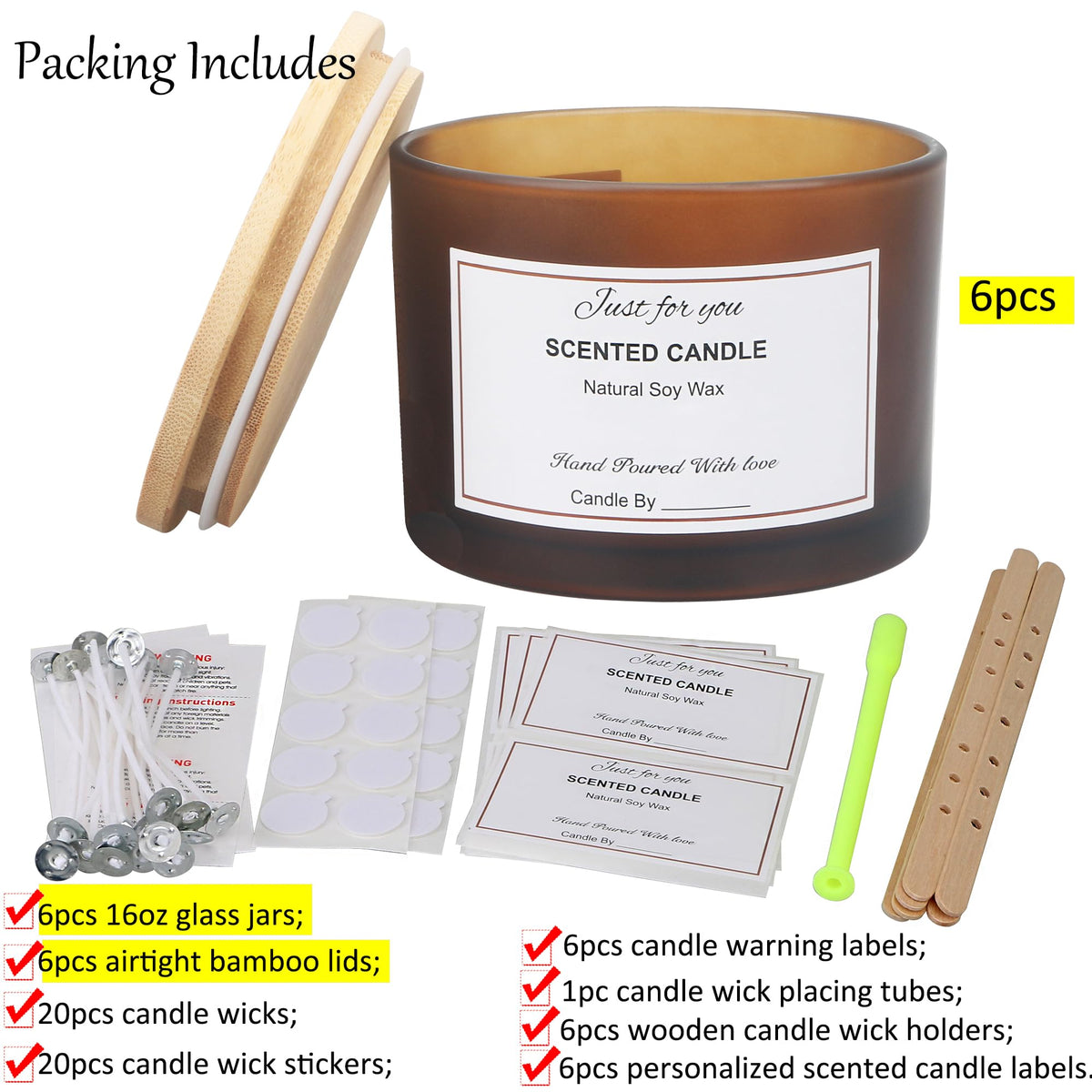 MILIVIXAY 6 Pack 16 oz Candle Jars with Bamboo Lids and Candle Making Kits - 3 Wick Candle Jar,Bulk Empty Frosted Amber Thick Glass Jars for Making Large Candles - Spice, Powder Containers.