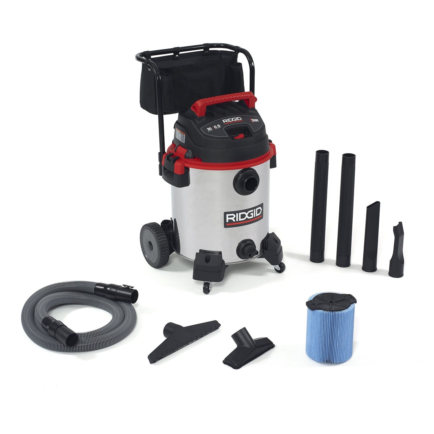 RIDGID 50353 1610RV Stainless Steel 16-Gal. Wet Dry Shop Vacuum with Cart, 6.5 Peak HP Motor, Large Wheels, Pro Hose, Drain, and Blower Port, Red