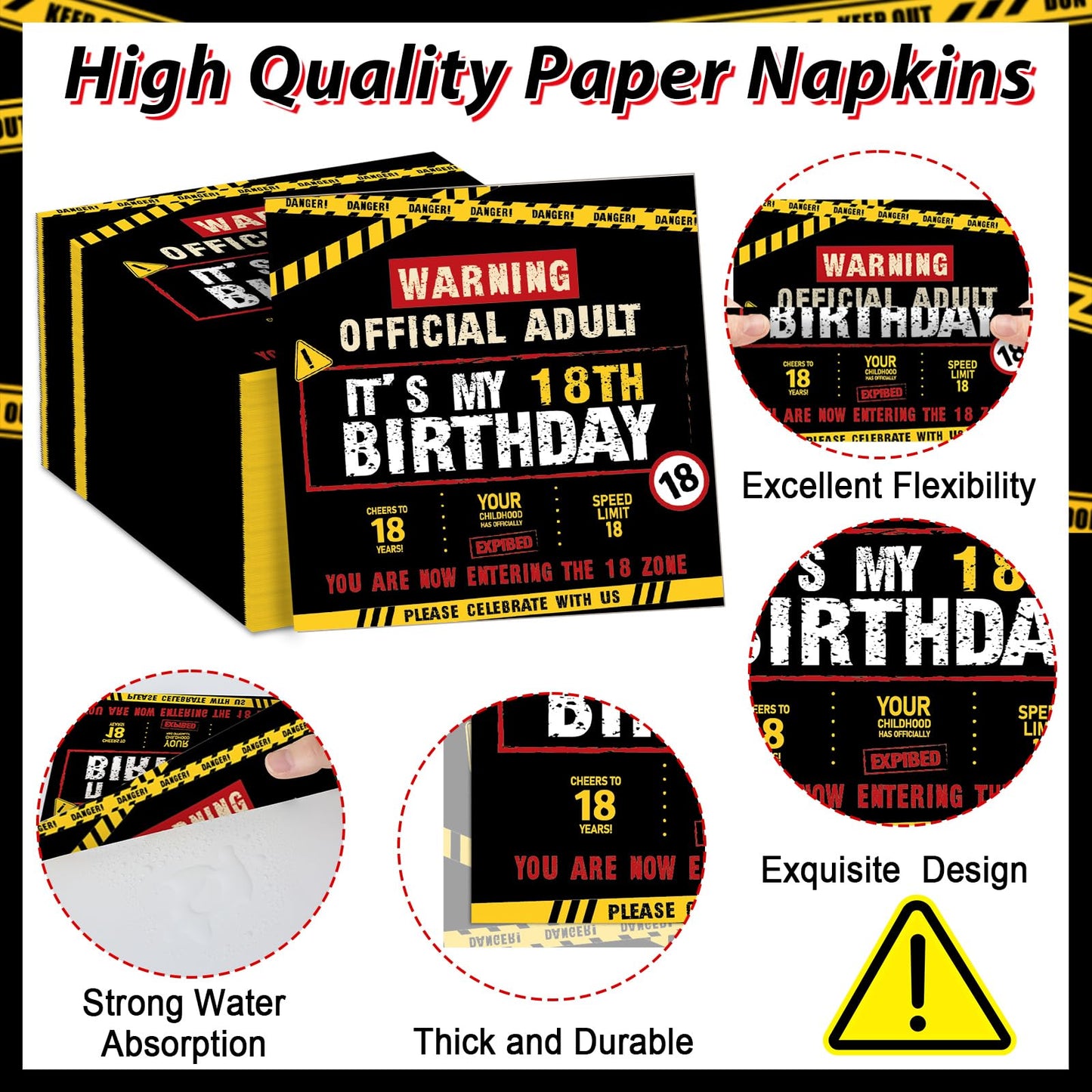 96 PCS Caution Logos 18th Birthday Party Paper Plates and Napkins 18 Years Old Party Decoration Warning Themed Official Adult 18th Dinnerware for Boys Girls 18 Year Old Birthday Gatherings Decorations