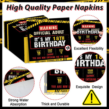 96 PCS Caution Logos 18th Birthday Party Paper Plates and Napkins 18 Years Old Party Decoration Warning Themed Official Adult 18th Dinnerware for Boys Girls 18 Year Old Birthday Gatherings Decorations