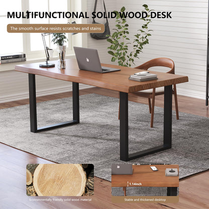 KunAndPeng Solid Wood Office Desk, 47.24" Tan Executive Computer Desk with Heavy-Duty Metal Base, Multi-Purpose Desk/Dining Table, Ideal for Home Office & Work Environments