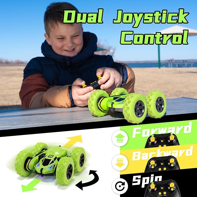 Threeking Remote Control Car RC Flip Stunt Double Sided Driving Cars Toys for Boys Girls Ages 6-12 4WD 360° Flips with Breathing Soft Lights Presents Gifts Green