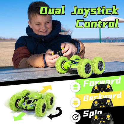 Threeking Remote Control Car RC Flip Stunt Double Sided Driving Cars Toys for Boys Girls Ages 6-12 4WD 360° Flips with Breathing Soft Lights Presents Gifts Green