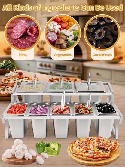 Kalolary 8 Pans Pizza Topping Storage Station, 2 Row Adjustable Stainless Steel Condiment Containers with Lids Spoons Ice Food Serving Display Container Salad Bar Buffet Station for Home Kitchen