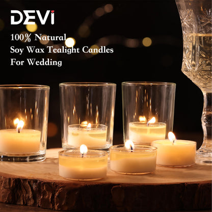 DEVI 6 Hour Soy Tea Lights Candles Bulk 100 Pack, Soy White Tea Lights Bulk-6 Hours Long Burning, Unscented Small Votives Bulk for Wedding, Party Centerpieces
