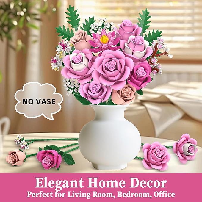 Pink Rose Bouquet Flowers Building Set 834Pcs Roses Artificial Flowers Botanical Collection Compatible with Lego Flowers for Adults Valentines Day Gifts for Her Women Wife Girlfriend Mom