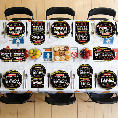 96 PCS Caution Logos 18th Birthday Party Paper Plates and Napkins 18 Years Old Party Decoration Warning Themed Official Adult 18th Dinnerware for Boys Girls 18 Year Old Birthday Gatherings Decorations