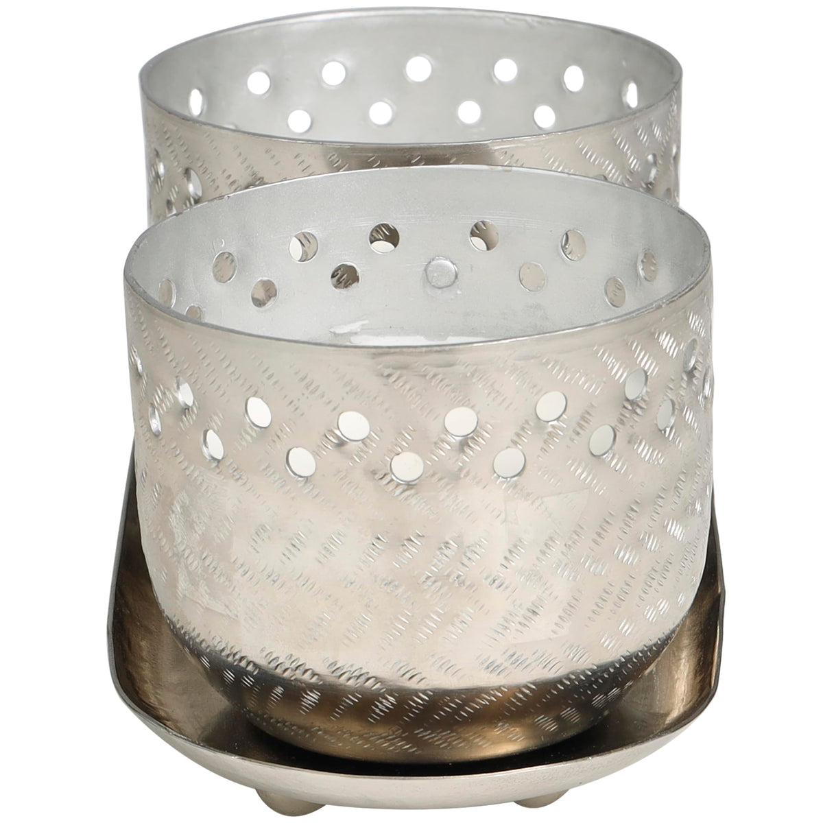 Deco 79 Metal Decorative Candle White Sage Scented Cutout Spotted 7 oz 1 Wick Aromatherapy Candle with White Wax, Set of 2 Wax Aromatherapy Candle 8" W, 4" H, Silver