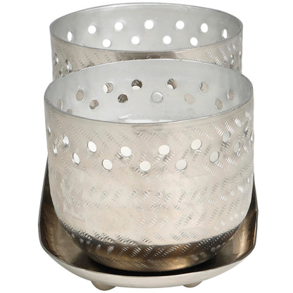 Deco 79 Metal Decorative Candle White Sage Scented Cutout Spotted 7 oz 1 Wick Aromatherapy Candle with White Wax, Set of 2 Wax Aromatherapy Candle 8" W, 4" H, Silver