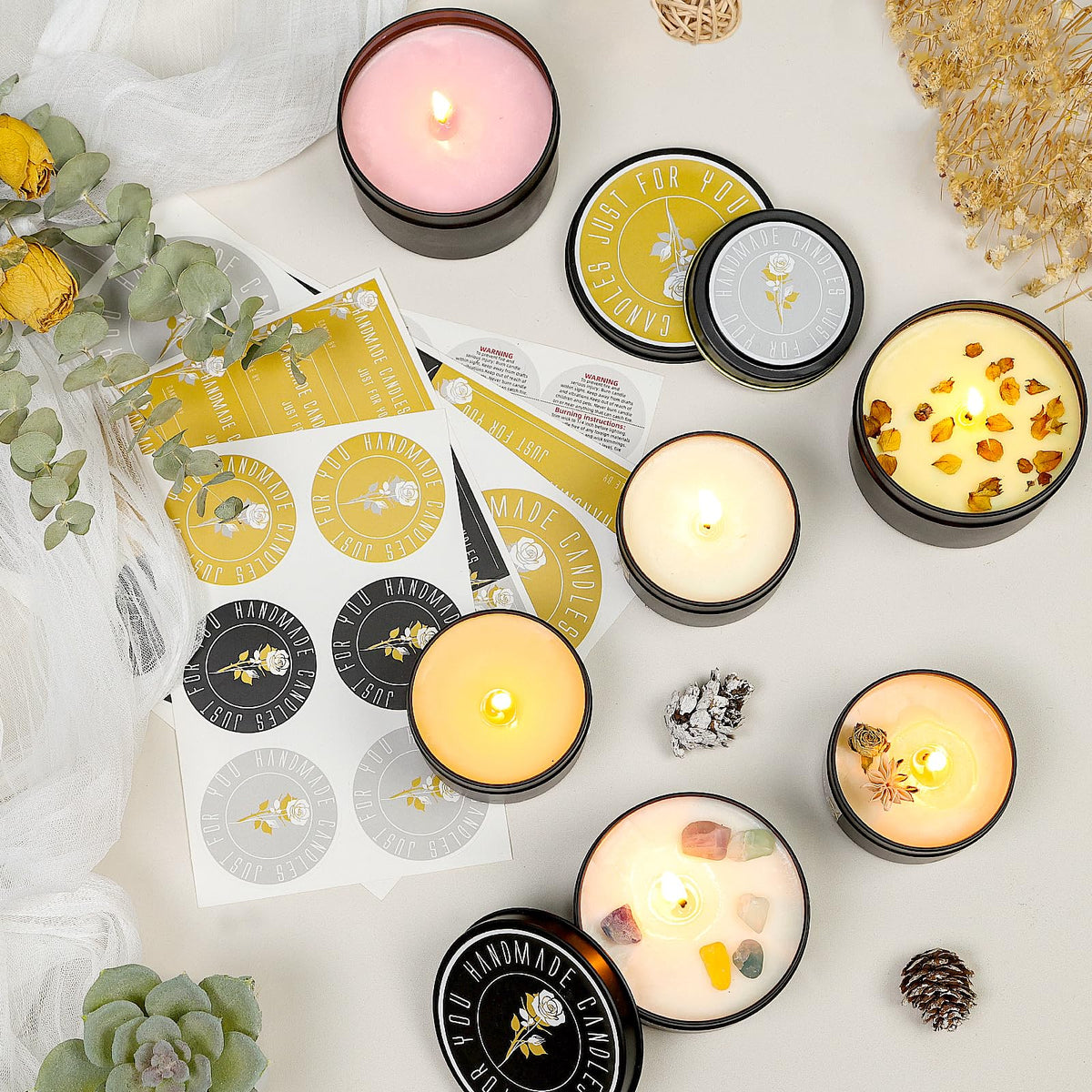 CONNOO 24 Pack Candle Tins - 12pcs 8oz + 12pcs 4oz Matte Black Candle Jars with Lids for Making Candles, Bulk Empty Candle Containers with Sticky Warning Labels for Candle Making, Storage, and Gift
