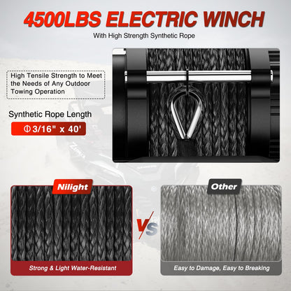 Nilight ATV UTV Electric Winch 12V 4500 lb Winches for Towing Trailer Truck Jeep Off Road Portable Waterproof IP67 Winch with Synthetic Rope Wireless & Wired Remote Control Hawse Fairlead Mount Plate
