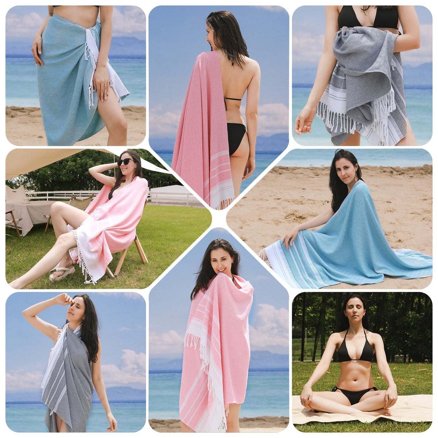 Genovega 6 Packs Oversized Turkish Beach Bath Towel Set Bulk 74"x38" Extra Large Sand Free Quick Dry Swim Camping Pool Clearance Towels Travel Blanket Adult Essentials Red Pink Green Stripe