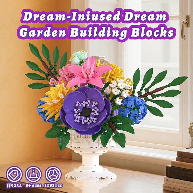 Flowers Bouquet Botanicals Collection Building Sets with Vase Artificial Flowers Arrangement Building Toys Pretty Home Decor Table Decor Birthday Gifts for Women Gf Adults Girls Age 14+ (1081 PCS)