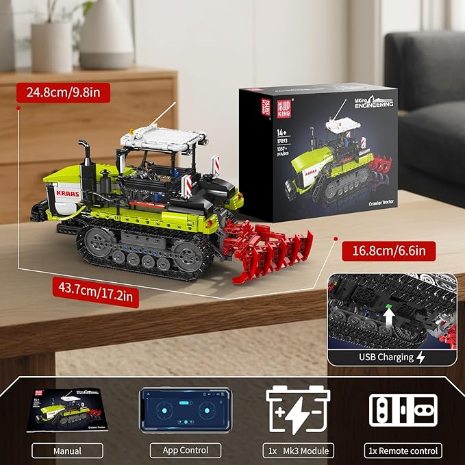 Mould King 17093 Crawler Tractor Technique Building Set App-Controlled/RC Farm Truck Construction Vehicle Toys DIY Engineering STEM Model Kit Gifts Idea for Age 14+/Adult-1357 Piece