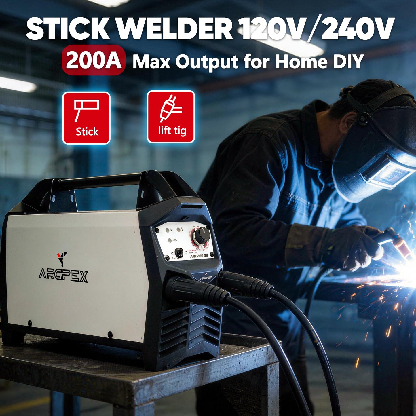 ARCPEX 200A Stick Welder 110V/220V, Mini Arc Welding Machine with 100% Pure Copper 10FT Cables, 2-in-1 Portable MMA/Lift TIG Welder for Farm Gate Repair, Truck Rack DIY, and Fence Fix
