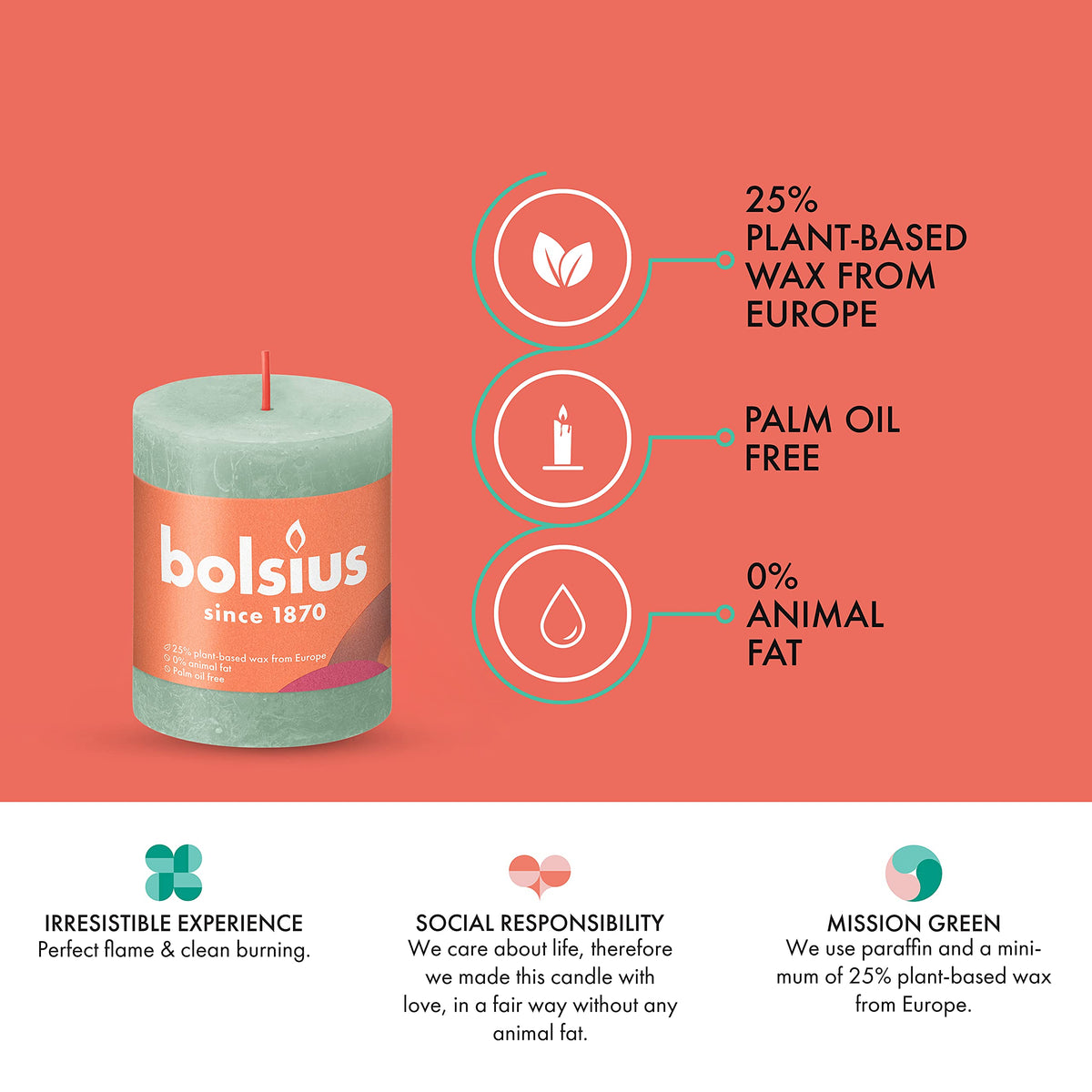 BOLSIUS 4 Pack Sage Green Rustic Pillar Candles - 2.75 X 3.25 inches - Premium European Quality - Includes Natural Plant-Based Wax - Unscented Dripless Smokeless 35 Hour Party and Wedding Candles