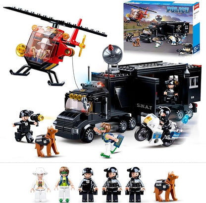 City Police Chase Building Set SWAT Mobile Command Police Truck Building Toy with Helicopter &amp Police Motorcycle Compatible with Lego City Police Station Gift for Boys Girls Aged 6+ 540 PCS