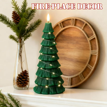 Flameless Christmas Tree Candles with Remote, 3D Flickering Flame Battery Operated LED Candle with Starlight String, Large Electric Tree Candles for Christmas Home Decor, Green