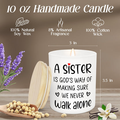 TEEZWONDER Sister Gifts for Women - Never Walk Alone Long Lasting Vanilla Lavender Candle 10 oz - Christian Birthday Gifts for Sisters from Sister, Candle for Women