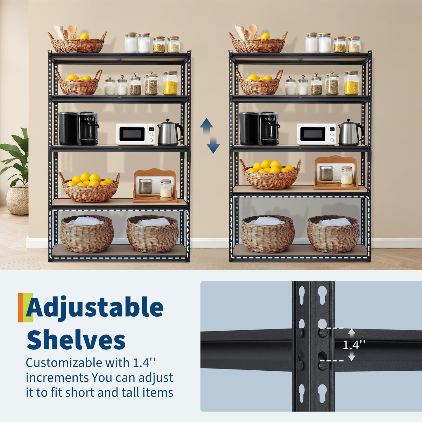 Garage Storage Shelves 5 Tiers, Heavy Duty Storage Shelving Racks with 2500 LBS Capacity, 48 " L x 24 in W x 72 in H Metal Adjustable Shelving Unit for Kitchen Pantry Basement Bathroom Laundry