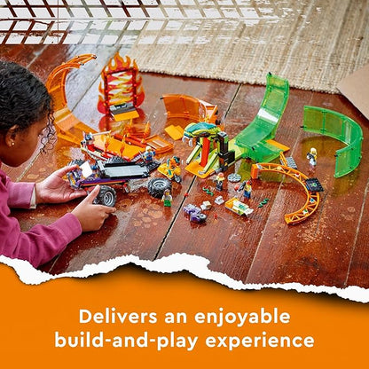 LEGO City Stuntz Double Loop Stunt Arena 60339 Monster Truck Playset with 2 Toy Motorcycles Ramp Wall of Flames Ring of Fire Snapping Snake Loop and 7 Minifigures for Kids Ages 7 Plus