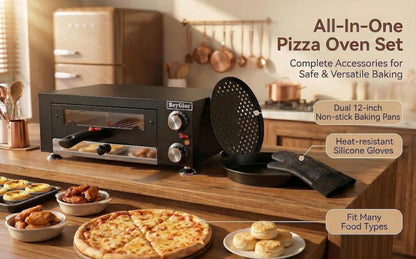 BeyGior Electric Pizza Oven Indoor,12 inch Countertop Pizza Maker with Viewing Window,Stainless Steel Commercial Pizza Oven, Removable Handle,Dual Baking Trays and Oven Mitts