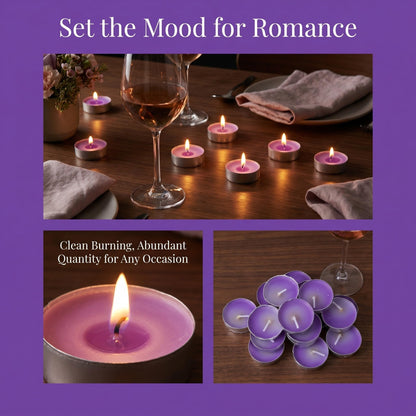 ibasenice 50Pcs Unscented Tea Candles: Unscented Long Burning Tealight Candles Clean Smokeless - 1.4x1.4x0.4 Scentless Tealights for Romantic Candlelight Dinner Party, Purple