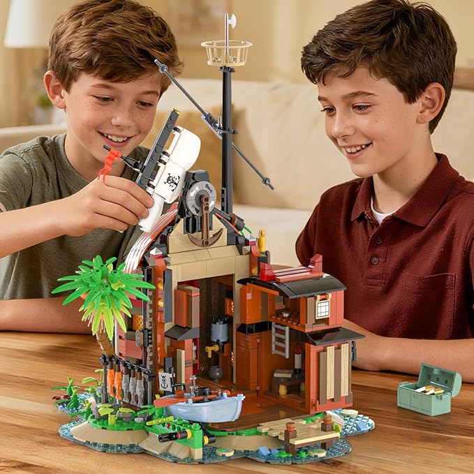 Pirate Shipwreck Building Set - Pirate Ship House Building Kit with Boat Tavern Treasure and More Birthday Gifts for Boys Families Building Time Kit