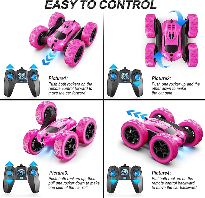 RC Cars Rose Remote Control Car for Girls 2.4 GHZ Double Sided RC Stunt Car 360° Rotating Remote Control Crawler with Headlights Car Toys for 6 7 8 9 10 11 12 Girls Birthday Gift