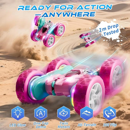 RC Car Pink 4WD Remote Control Car 360° Flip Double‑Sided LED Light Bar &amp Quick‑Swap USB‑C Modular Battery 2.4 GHz No‑Interference Popular Outdoor Beach Toy Popular Gift for Girls Ages 6‑12