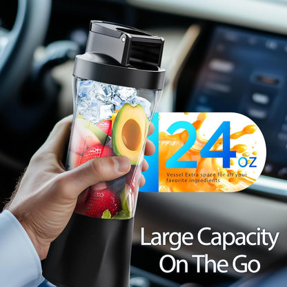 Portable Blender, Cordless, 24oz. Vessel, Personal Blender-for Shakes & Smoothies, BPA Free, Leakproof-Lid & Sip Spout, USB-C Rechargeable & Self Cleaning - Travel with 6 Sharp Blade, Black