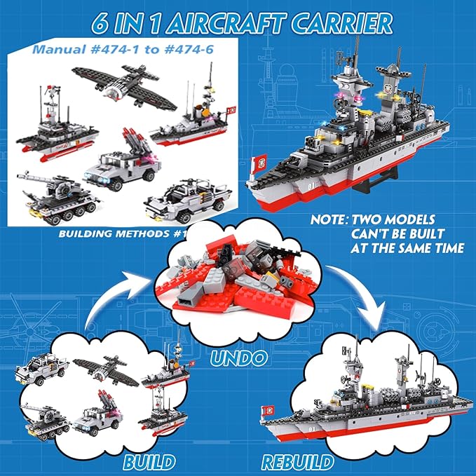 1296 Pieces City Police Set Aircraft Carrier Blocks Set 6 in 1 Military Warship Battleship Building kit with Airplane Boat Cop Car Tank Creative Roleplay Ship Gift Toys for Kids Boys 6-12 Years