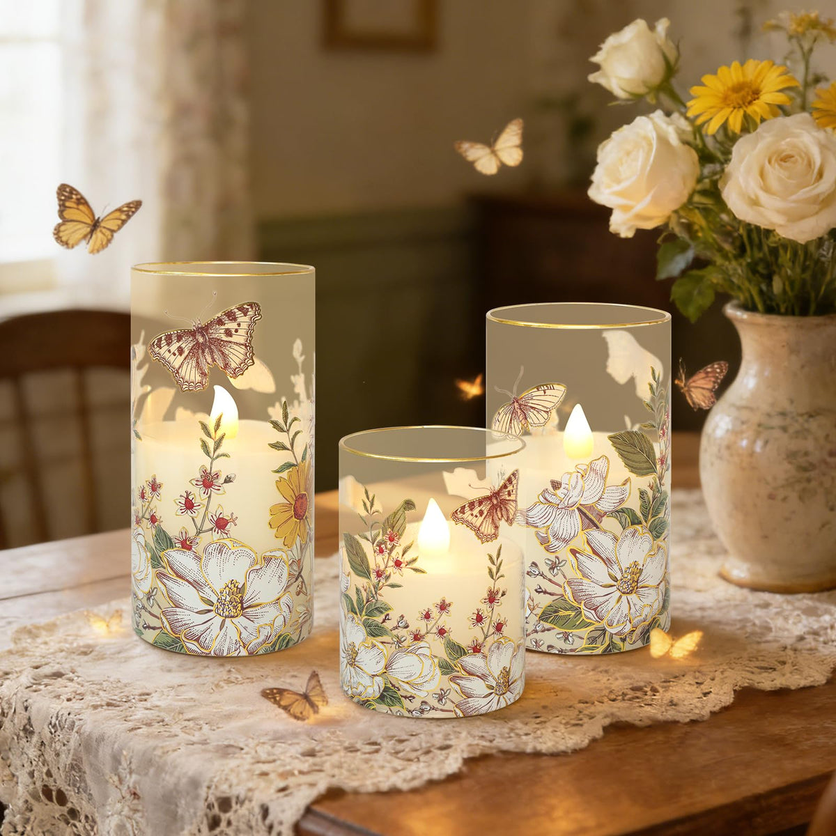 Impress Life Flameless Candles with Remote, 3PCS Butterfly Floral Glass Candles with 3D Flickering LED Wick, Battery Operated Candles for Spring Decor & Home